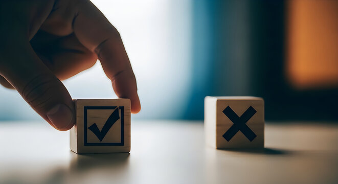 A hand choosing a checkmark over an x on wooden blocks