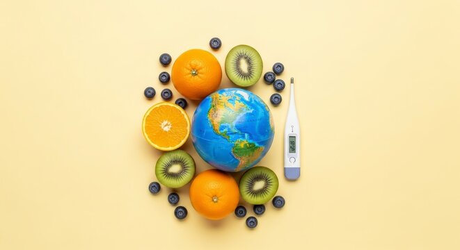 Healthy planet earth with fruits and thermometer.