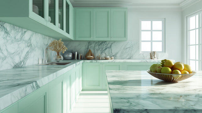Mint green kitchen interior with marble countertops and fruit bowl on island