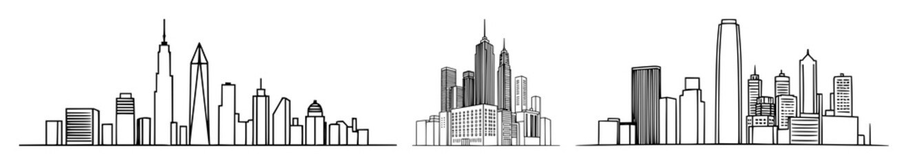Fototapeta premium Continuous line city building set with single outline cityscape featuring skyscrapers, streets, rooftops with vector illustration and editable stroke