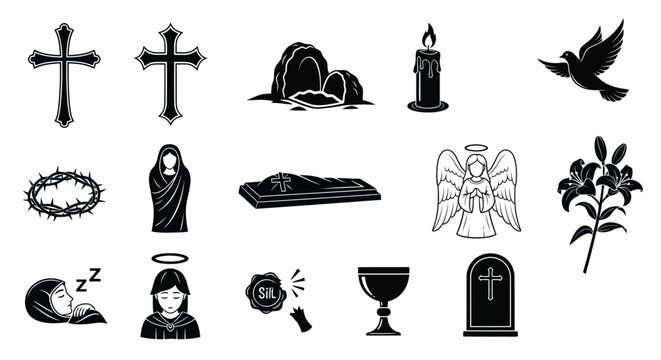 Various religious symbols and icons including crosses angels and grave markers in black and white