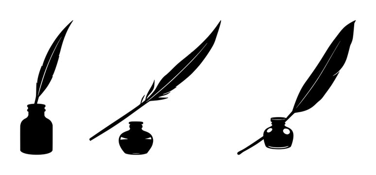 Quill and inkpot set with black silhouette design featuring writing tools, classic decor, stationery with ink and feathers
