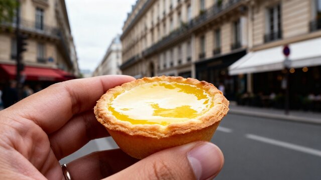 A hand holds a creamy lemon tart against a backdrop of Parisian architecture. The street is quiet, offering a perfect moment for savoring sweet treats while exploring the city's beauty.