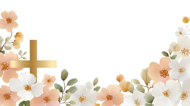 Floral border with white and peach blossoms surrounding a golden Christian cross. Elegant 3D digital illustration on a white background with central copy space for religious themes.
