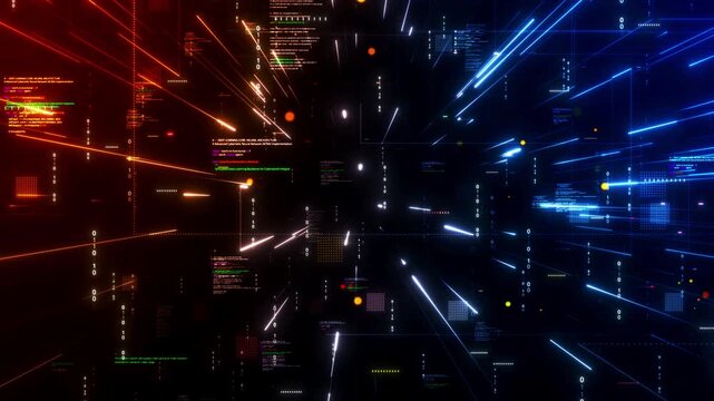 Abstract visualization artificial intelligence data flow with glowing code binary streams neon light trails forming a futuristic cyber tunnel representing machine learning big data digital technology.