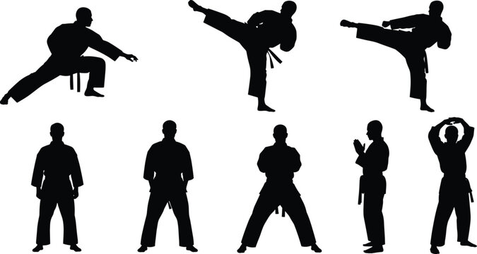 Black Karate Silhouettes Collection Featuring Martial Arts Poses Kicks Stances and Traditional Katas Isolated on White Background for Sports Graphic Design