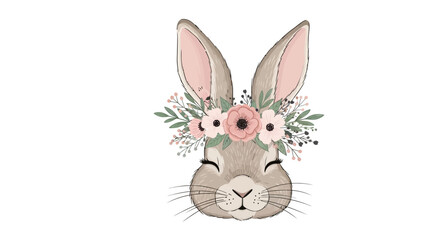 Fototapeta premium A cute Easter bunny with a floral crown on its head, featuring pink flowers and green leaves, against a clean white background