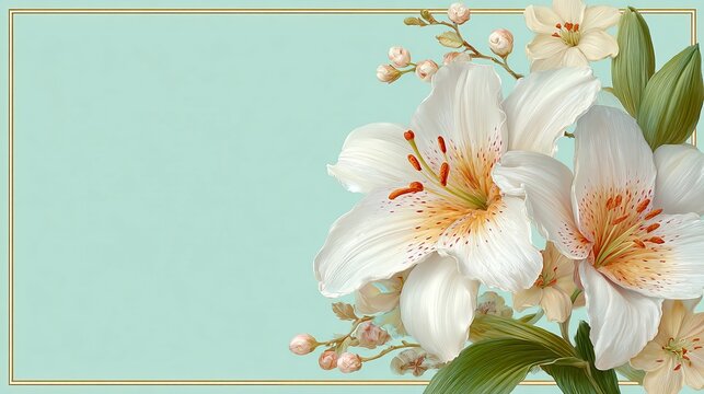 Elegant lily blossoms with peach centers on a soft mint green background featuring a gold border frame. Sophisticated floral template with ample copy space for custom text.