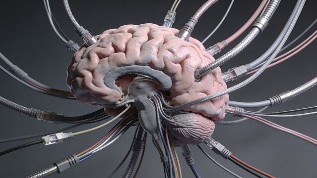 Human brain with colorful wires and cables connected to cerebral cortex neuroscience concept