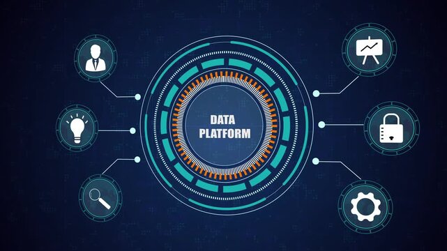Data platform interface with digital technology icons, cloud computing network for business analytics, secure database system for corporate growth.