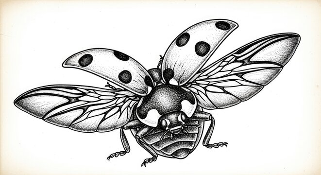 Detailed illustration of a ladybug with outstretched wings against a neutral backdrop