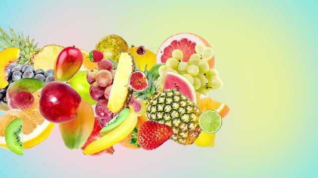 A variety of exotic fruits and berries fly from left to right against a summery, multicolored gradient background. 4K slow motion 3D animation with a speedramp effect. 60 fps.