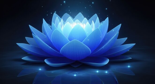 Glowing blue lotus flower with light effects on dark background