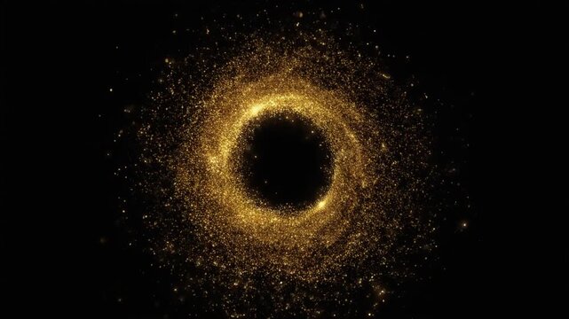 Cinematic golden particle swirl forming a circular frame on a dark background. Shimmering dust effects create a luxury atmosphere. Ideal for corporate awards, wedding videos