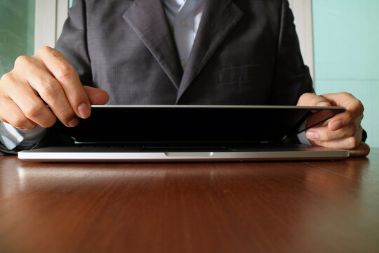 Businessman Opening Laptop at Desk Close Up Hands and Device Concept