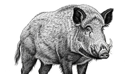 Fototapeta premium Detailed monochrome illustration of a wild boar isolated on a white background