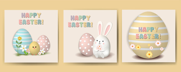  Set of square cards with greetings on Easter. Rabbits, eggs and flowers on a delicate background © MelLenka