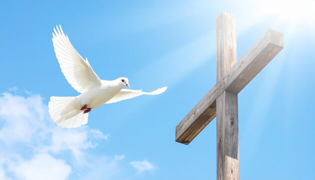 Wei&szlig;e Taube fliegt neben Holzkreuz im blauen Himmel mit Sonnenlicht | Ostern Kirche Heiliger Geist Glaube Hoffnung christliches Motiv mit Copyspace