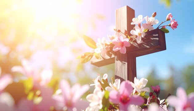 Holzkreuz mit bl&uuml;henden Fr&uuml;hlingsblumen im Sonnenlicht | Ostern Auferstehung Glaube christliches Motiv mit warmem Licht und Bokeh