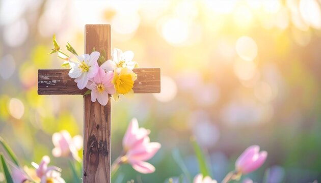 Karfreitag Ostern Auferstehung Holzkreuz mit Fr&uuml;hlingsblumen im goldenen Licht | Kirche Glaube Hoffnung christliches Motiv mit Bokeh und Copyspace