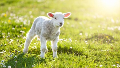 Fototapeta premium Karfreitag Ostern Auferstehung Osterlamm auf Frühlingswiese im Sonnenlicht | Kirche Glaube Hoffnung christliches Symbol mit Natur und Copyspace