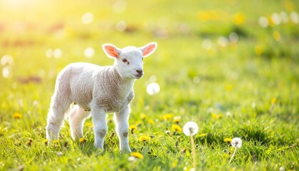 Fototapeta premium Osterlamm auf blühender Frühlingswiese im warmen Sonnenlicht | christliches Symbol für Auferstehung Hoffnung und neues Leben