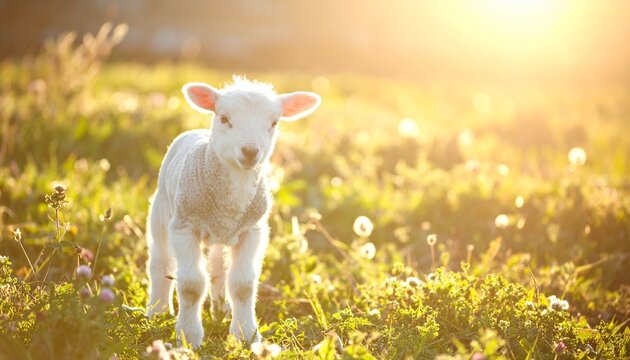 Osterlamm auf Fr&uuml;hlingswiese im goldenen Sonnenlicht mit Copyspace | christliches Symbol f&uuml;r Auferstehung Hoffnung und neues Leben