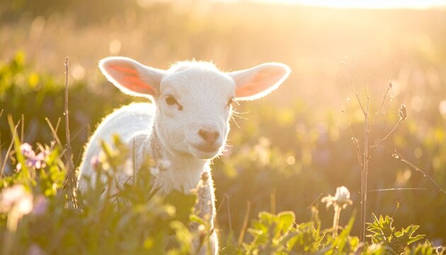 Osterlamm im warmen Sonnenlicht auf Fr&uuml;hlingswiese | Ostern Kirche Auferstehung Glaube Hoffnung christliches Motiv mit goldenem Bokeh