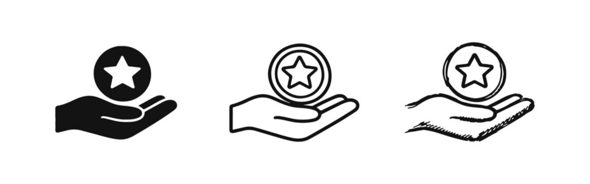 Loyalty Program Reward Icon Set - Hand Holding Star Coin for Customer Benefits