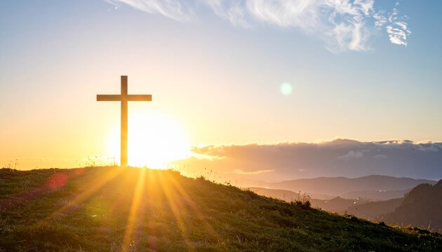 Kreuz im Sonnenaufgang auf H&uuml;gel | Ostern Auferstehung Kirche Glaube Hoffnung christliches Motiv mit Lichtstrahlen und Copyspace