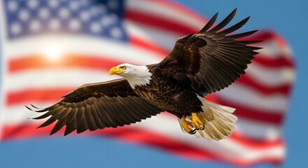 Naklejka premium Memorial day tribute american bald eagle soaring with usa flag background