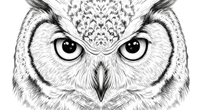 Detailed owl illustration with intense gaze and intricate feather patterns