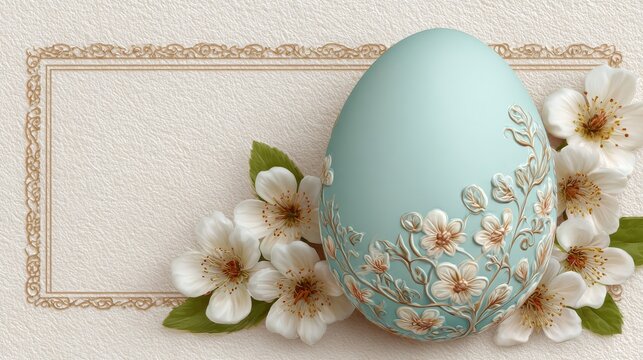 Ornate light blue Easter egg with embossed floral details and white blossoms. Elegant gold-bordered frame on a textured parchment background provides ample copy space.