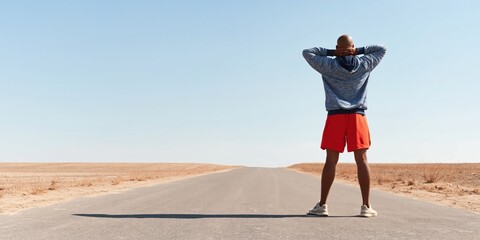 Obraz premium Man standing relaxed on deserted road in desert landscape