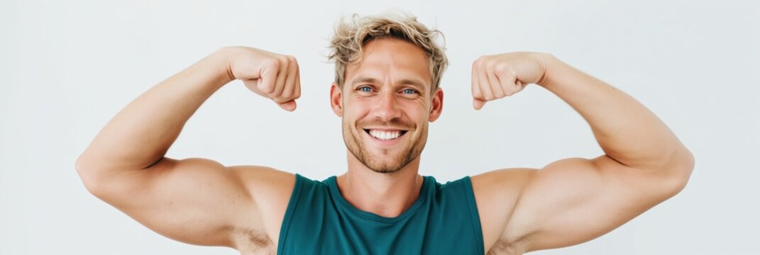 Young man flexing biceps in bright white studio setting