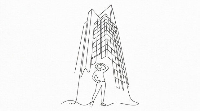 Single continuous line drawing of person looking up at tall skyscraper building &mdash; minimal urban architecture and one line art concept