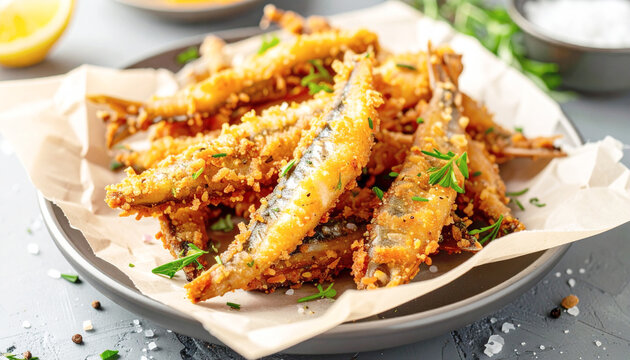 Crispy fried anchovies served on a paper, macro shot. AI