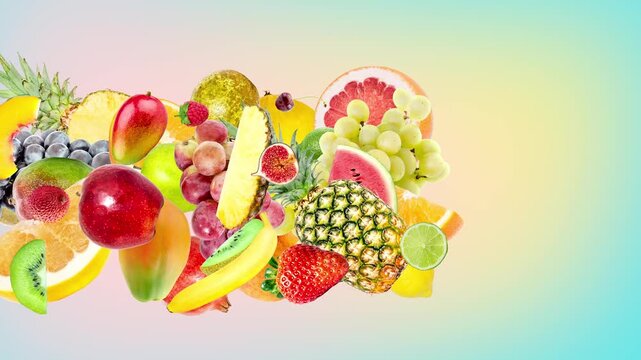 A variety of exotic fruits and berries fly from left to right against a summery, multicolored gradient background. 4K slow motion 3D animation with a speedramp effect. 60 fps.