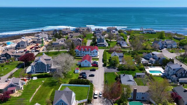Historic residential houses aerial view on First Cliff village at Scituate Harbor, town of Scituate, Massachusetts MA, USA. 