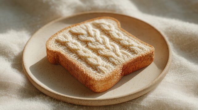 Humorous and surreal image of a slice of toast stitched with thread and placed on a plate. The playful concept creates a quirky April Fools&rsquo; prank visual, combining food with unexpected craft elements