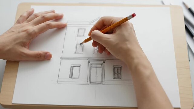 Architectural pencil sketch of a classic building facade, artist hands drawing a house on paper, professional drafting and creative design process