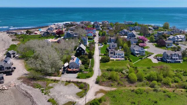 Historic residential houses aerial view on First Cliff village at Scituate Harbor, town of Scituate, Massachusetts MA, USA. 