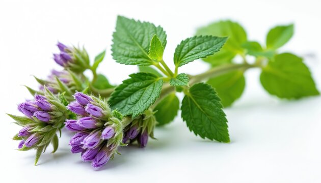 Fresh catnip branch with green leaves and unopened purple flower buds. Aromatic herb known for attracting felines and used in natural remedies. Green foliage with small purple blooms.