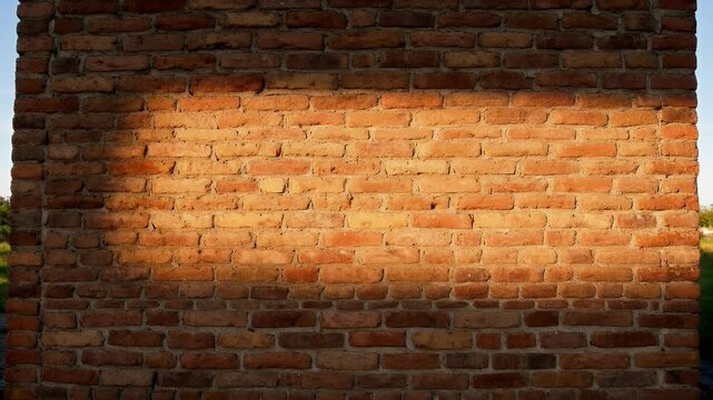Warm brick wall texture in horizontal rows with soft natural sunlight shining on it