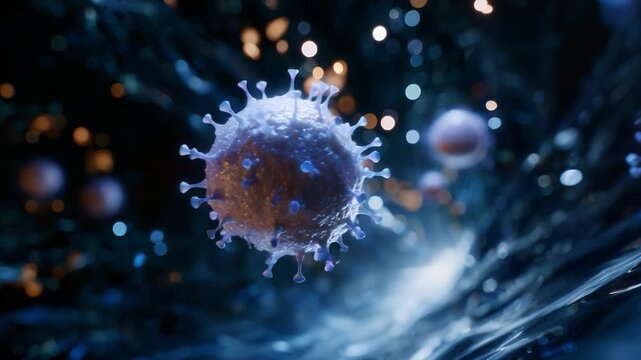 A Virus Observed in Amazing Detail: Stunning Visual Representation of Microbial Elements in Dark Scientific Environment with Enhanced Colorful Lighting Effects