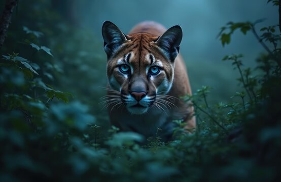 Mountain lion crepic through dark green forest undergrowth. Intense blue eyes stare forward. Solitary wildcat hunts in dim twilight. Big cat moves stealthily, using camouflage.