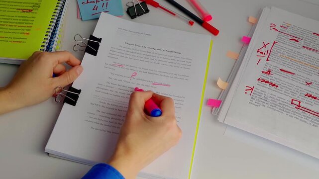 Editor checking a book script on paper, making notes and corrections, illustrating careful proofreading, text review, and content accuracy in publishing work