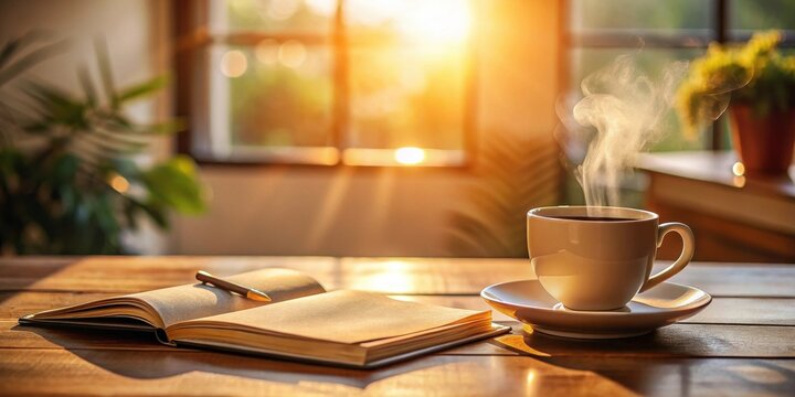 A warm cup of coffee steaming gently on a wooden table, bathed in the golden light of sunrise, accompanied by an open notebook and a pen, ready for a day of contemplation and writing.
