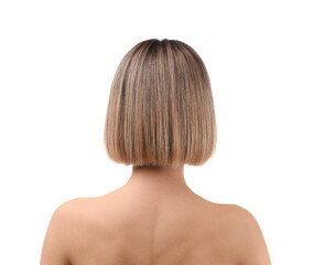 Fototapeta premium Attractive young woman with short hair on white background, back view