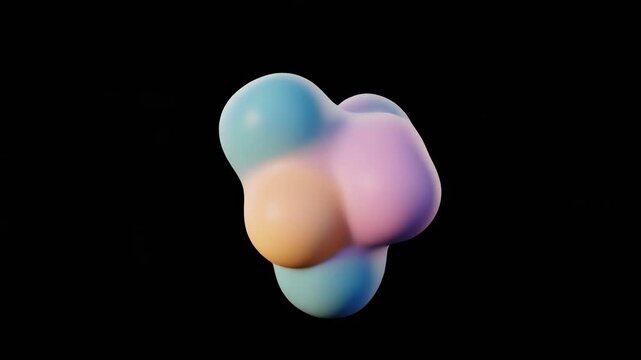 Abstract 3D animation of a colorful metaball fluid shape morphing and flowing on a black background.